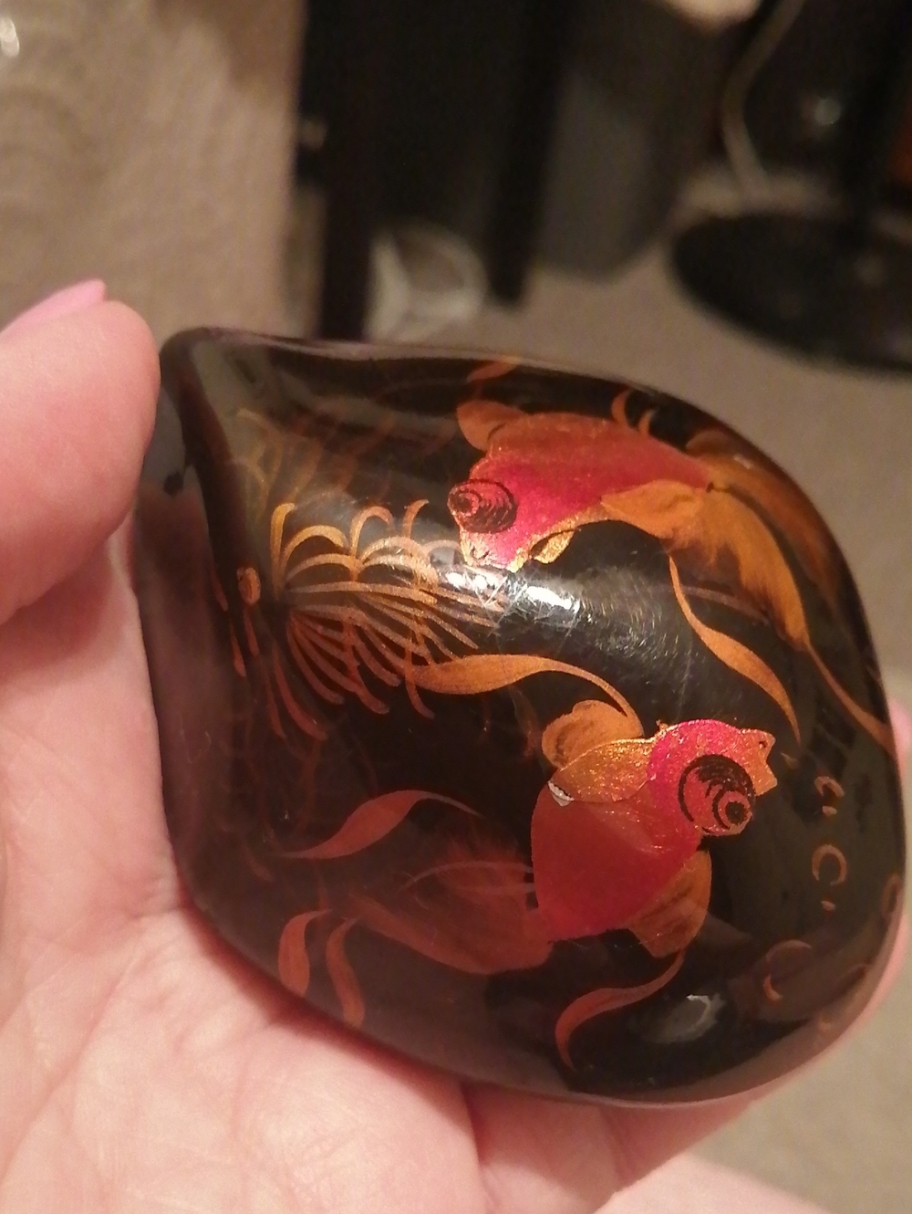 Hand-Painted Black Lacquer Red And Gold Koi Fish Vintage Paperweight